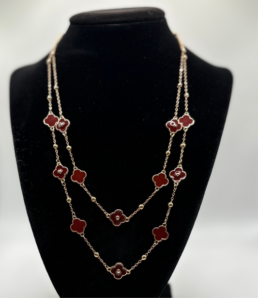 Burgundy Clover Layered Long Necklace