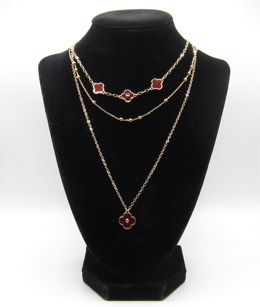 Burgundy Clover Triple-Layer Statement Necklace